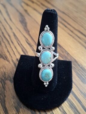 Ring, Turquoise Triple Natural Stones Sterling Ring Adjustable Fits 7 Thru 9
